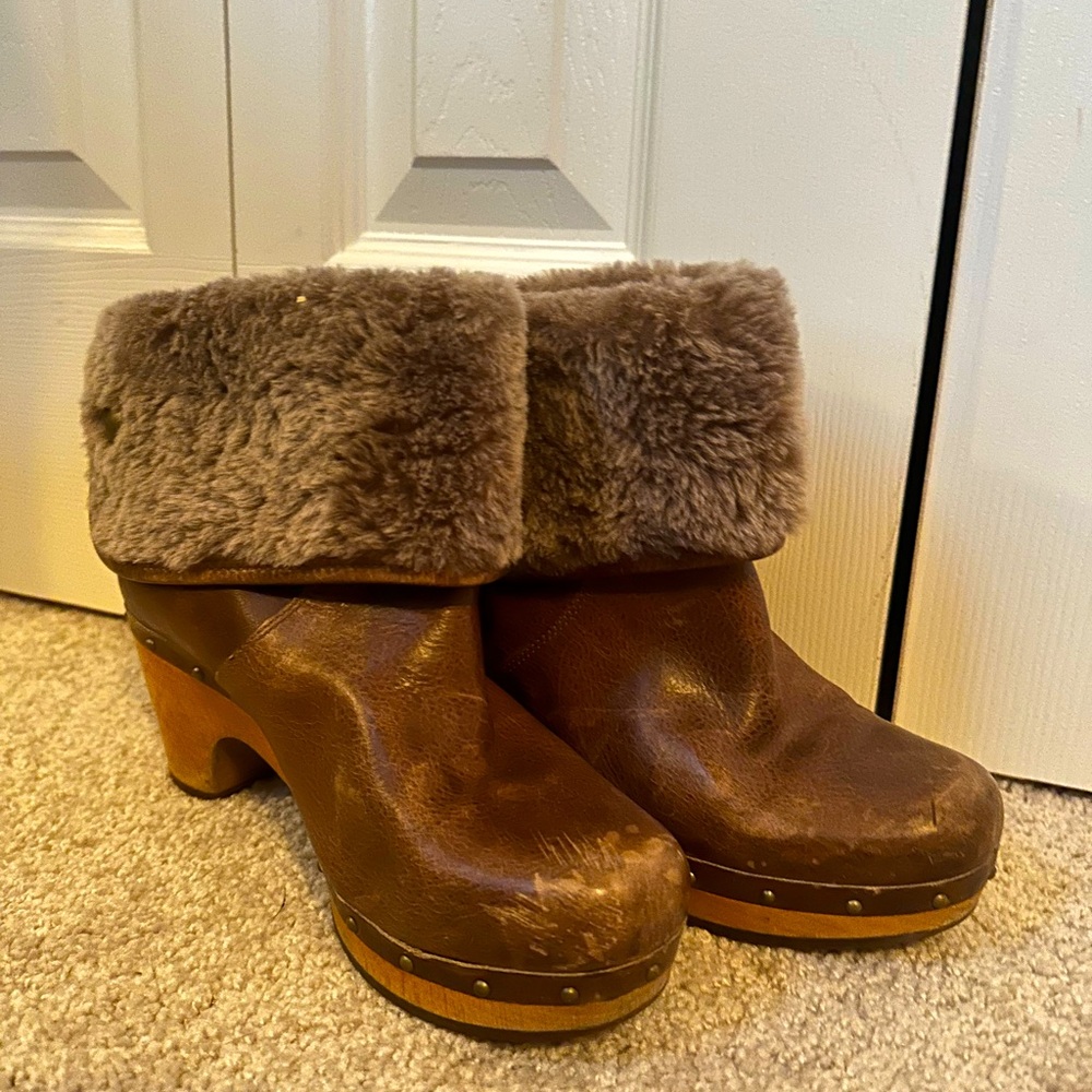 UGG Brown Faux Leather and Fur Clogs